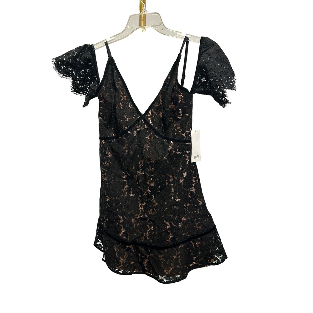 TOBI Black‎ Lace Mini Dress Flutter Sleeve V Neck Lined Size M